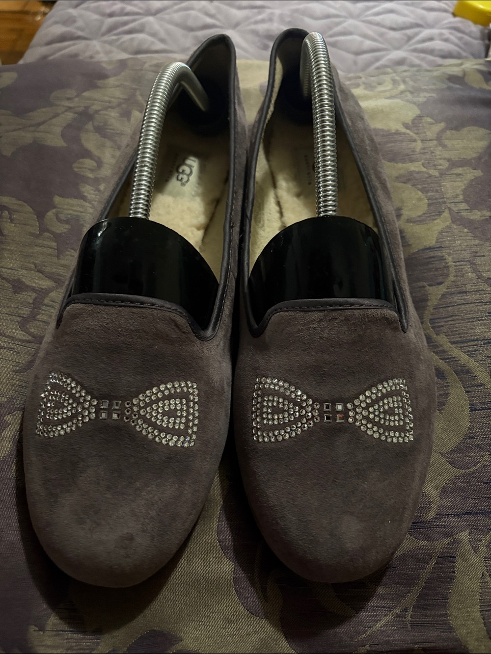 UGG Women's Dark Brown Suede Loafers with Crystal Bow Accent